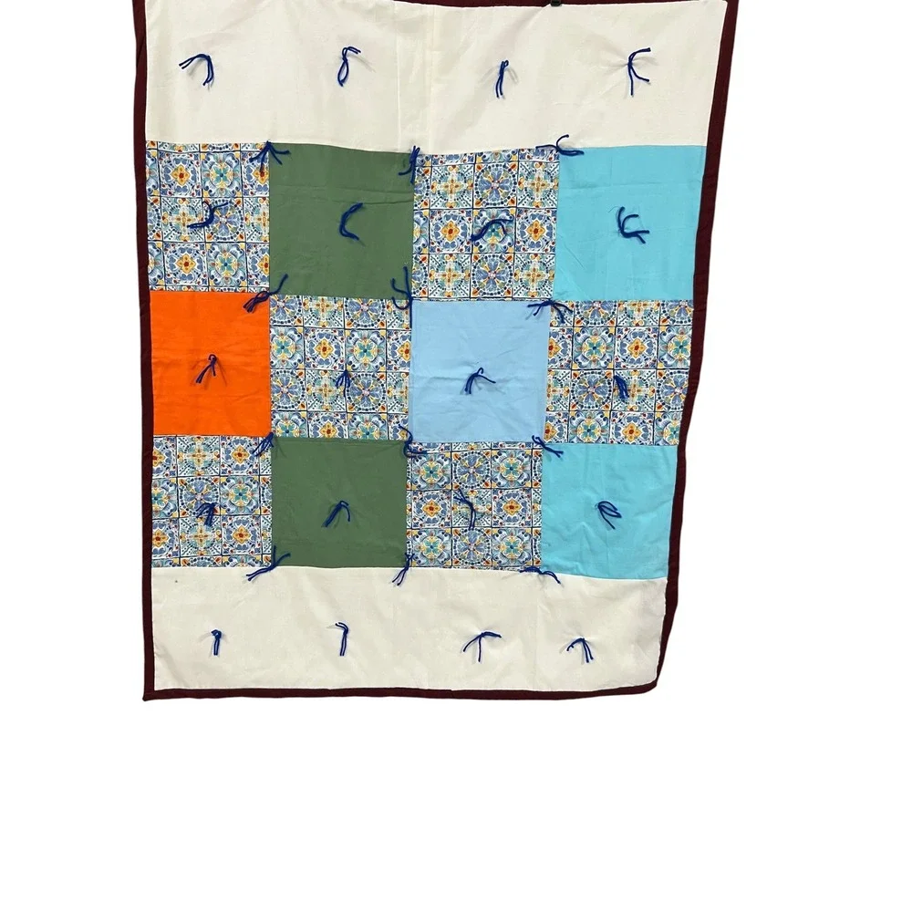 Handmade Patchwork Tied Quilt Mediterranean Tile Print Multi Color Throw Blanket